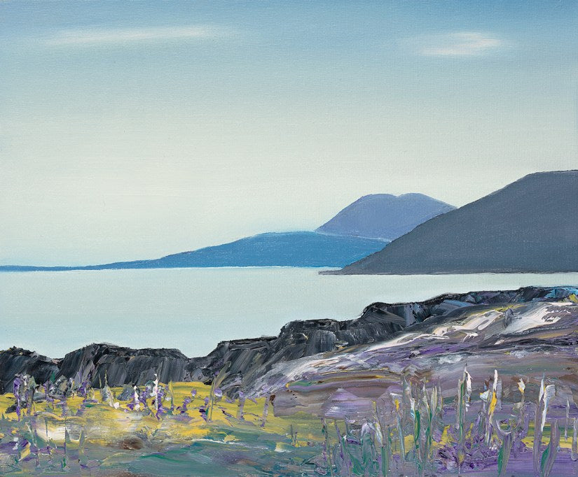 Print of an Arran sea with a light sea and grey hills beyond.