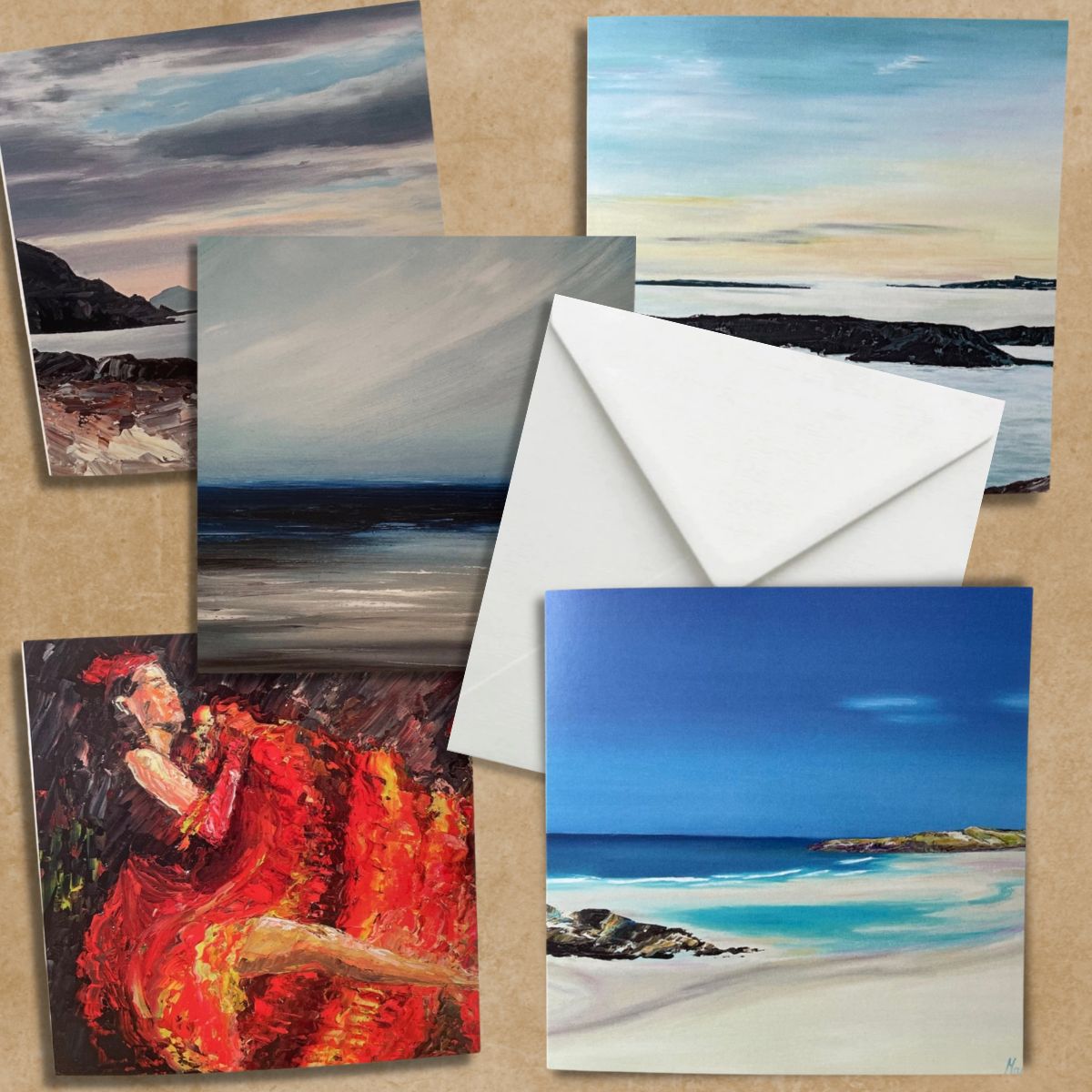 Square greeting card showing a Hebridean beach scene with a white envelope. Light brown background.