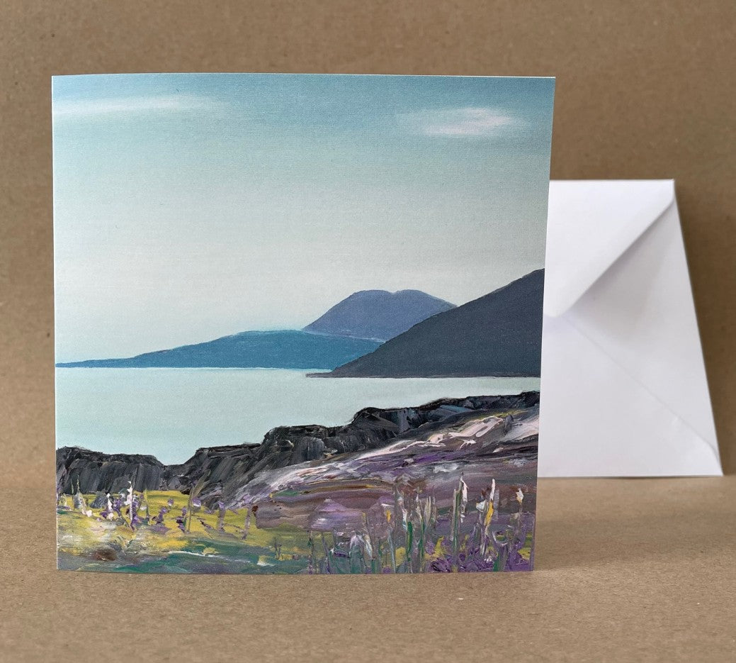Greeting card with a printed image of a white Scottish sandy beach and bright blue sky.