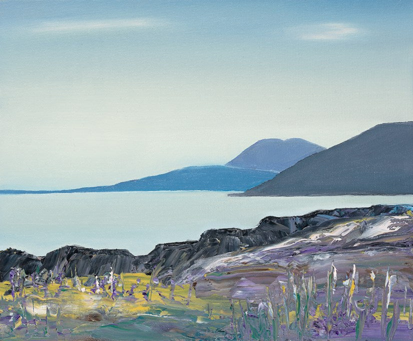 Print of an Arran sea with a light sea and grey hills beyond.