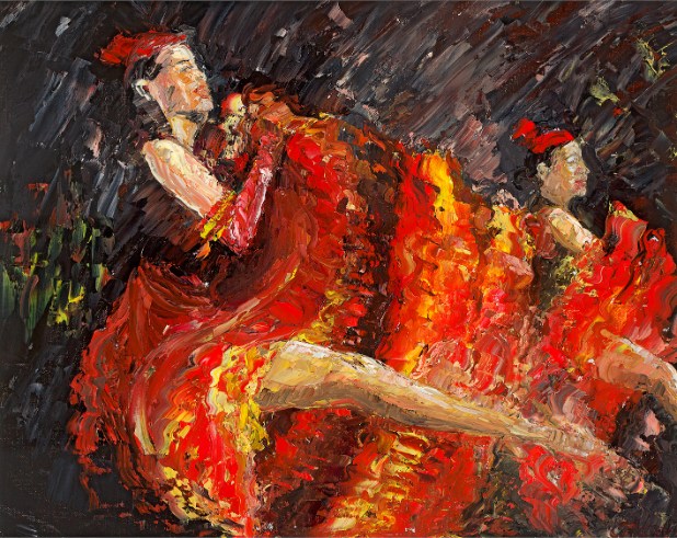 Print from an original showing an image of CanCan dancers wearing red.