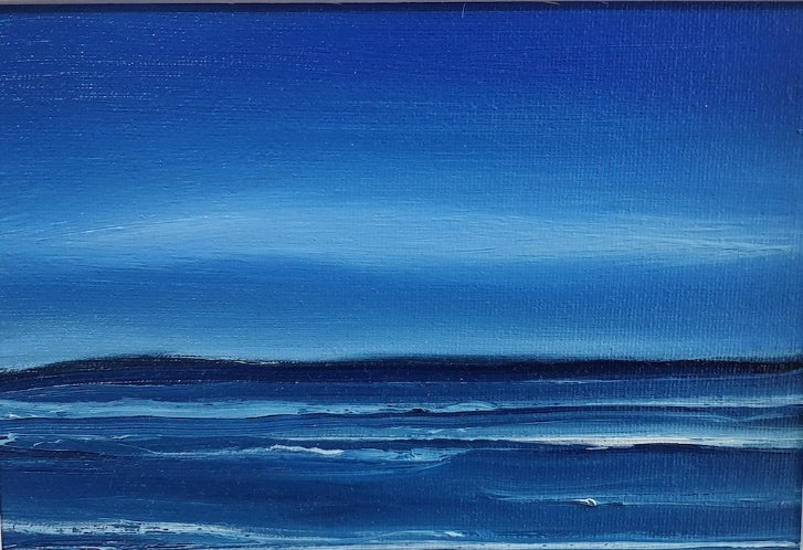 Oil painting in blues of a Tiree seascape.