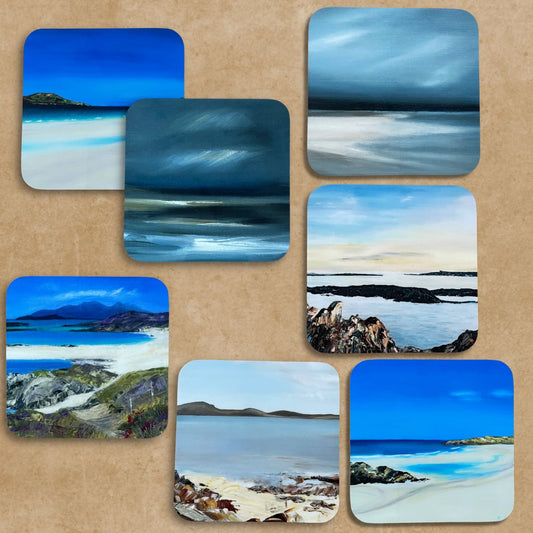 Square drinks coaster with a printed image of a stormy Hebrides beach.