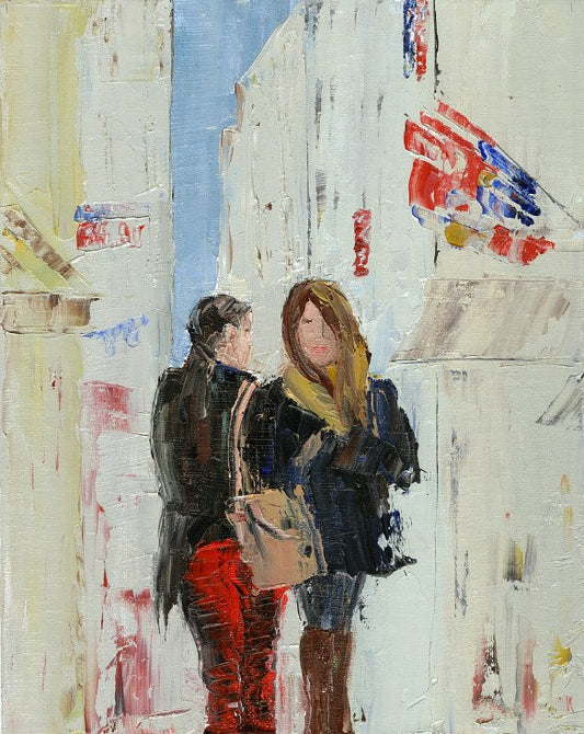 Image of two women in a street scene painted in an impasto style.