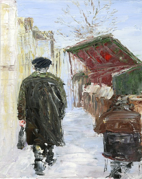 Print in an Impressionist style of a man walking down a Parisian street,
