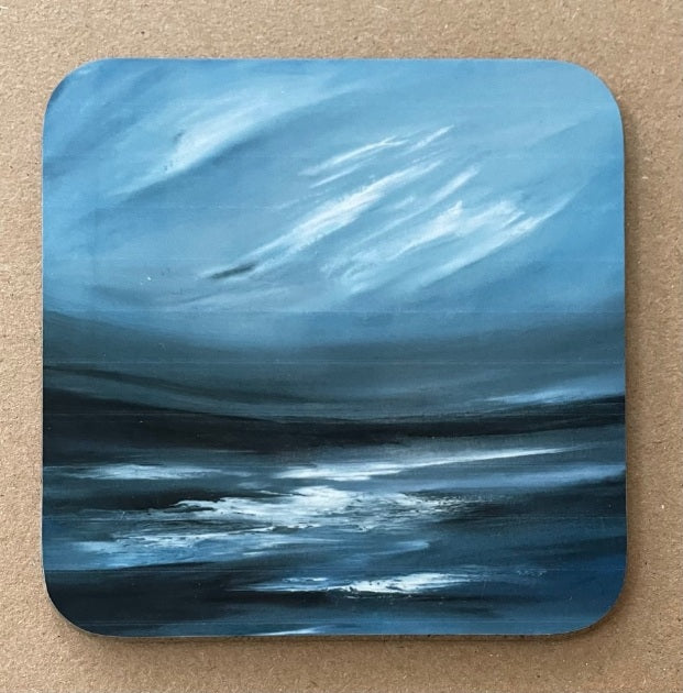 Image of a white Hebridean beach and azure sea and sky printed on a coaster.
