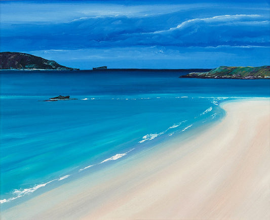 Print from an original oil painting of a sandy bay with bright blue sky and sea.