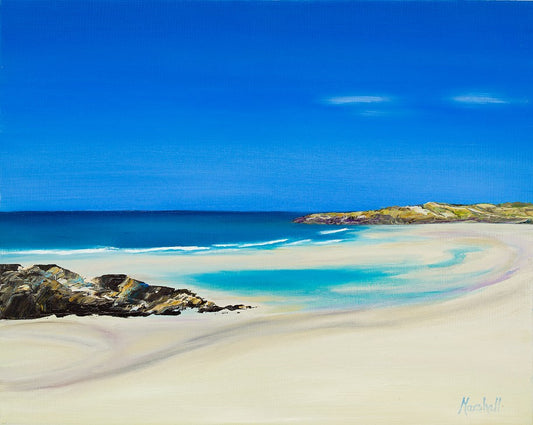 Print taken from an original of a Hebrides beach. Light sand and azure sea and sky.