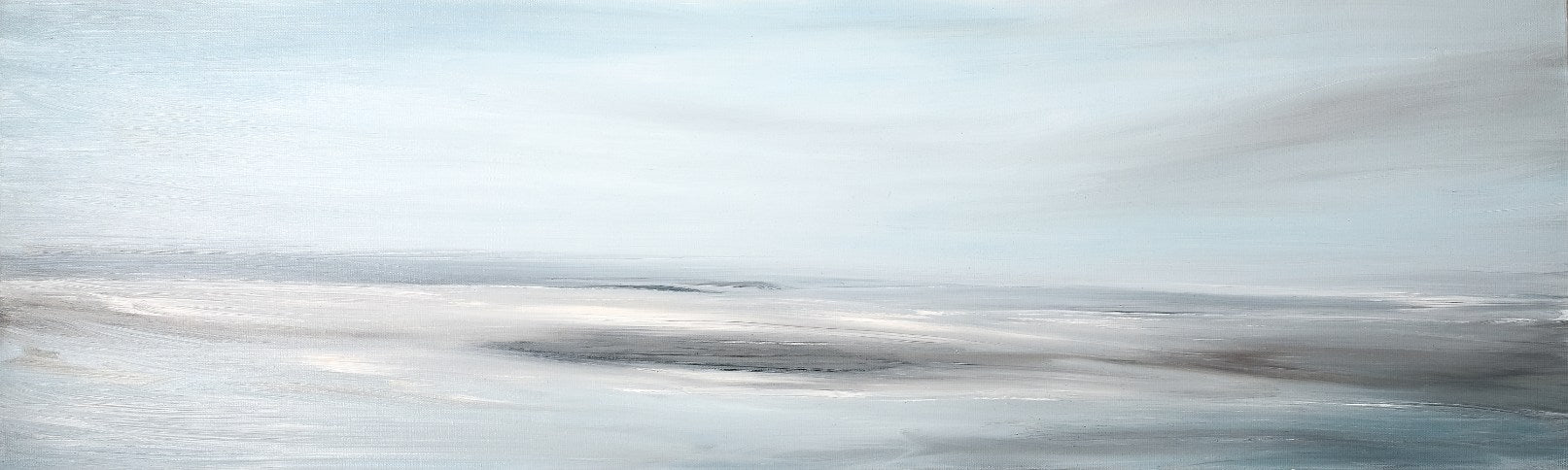 Horizontal seascape image in light greys and pale blues of a Scottish Hebridean sea.